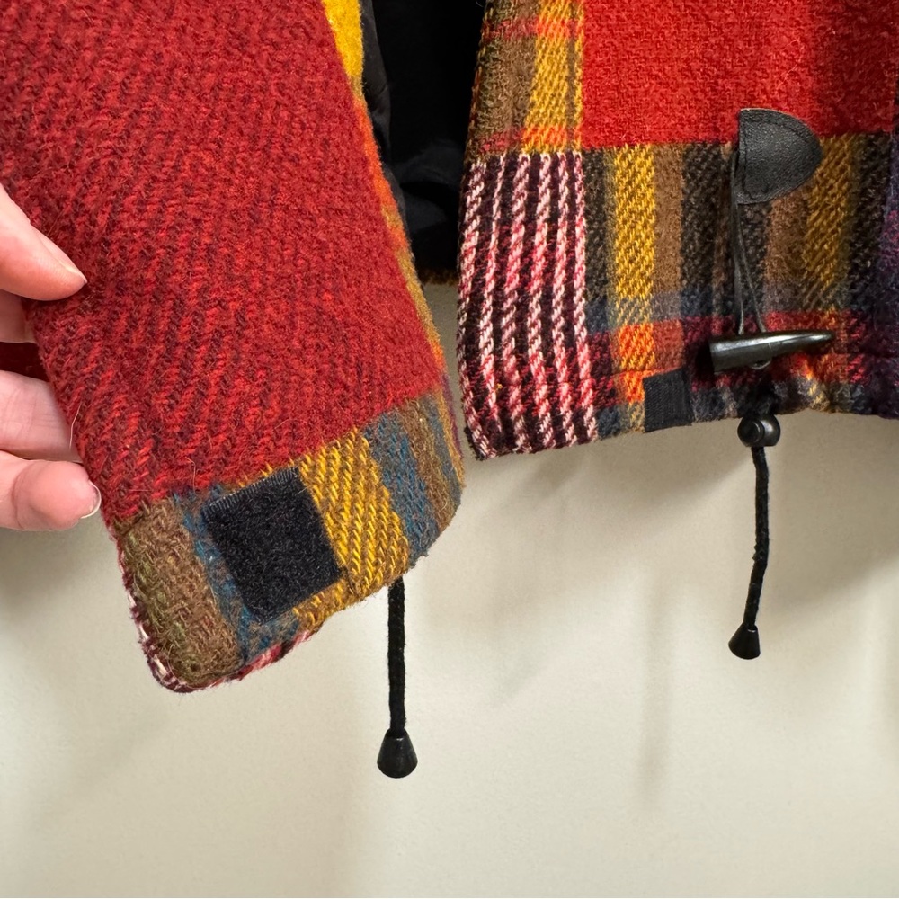 Vintage 90s The Limited Multicolored Plaid Patchwork Hooded Toggle Jacket L - Picture 10 of 13